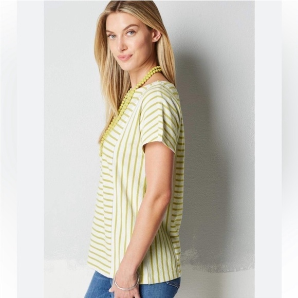 🦋 J. Jill White Green Neon Striped Short Sleeve Blouse XL Button Back Casual - Picture 1 of 7